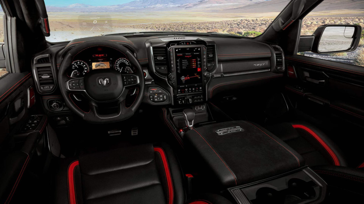 interior shot of the 2021 Ram 1500 TRX and its flat-bottomed wheel in Canada