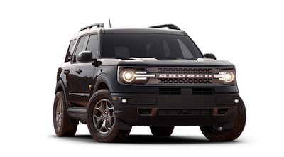 A black 2021 Ford Bronco Sport Badlands posed against a white background.