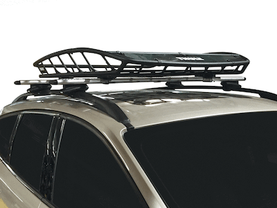 Close-up of a roof-mounted cargo basket atop a silver Ford SUV.